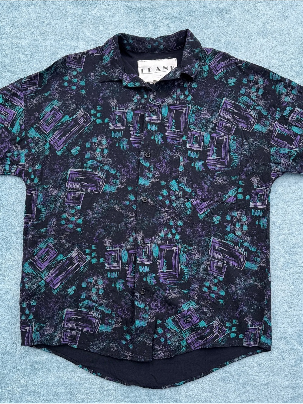 Vintage 90’s Black Abstract Print Short-Sleeve Rayon Shirt-Teal & Purple Unisex